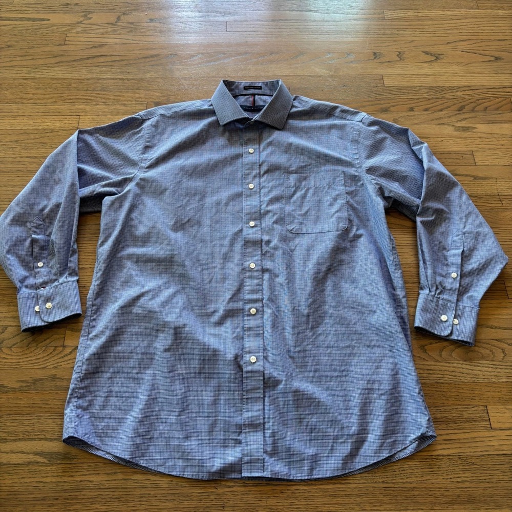 Tommy Hilfiger Mens Regular Button Down Shirt Blue Plaid Long Sleeve 17 34/35